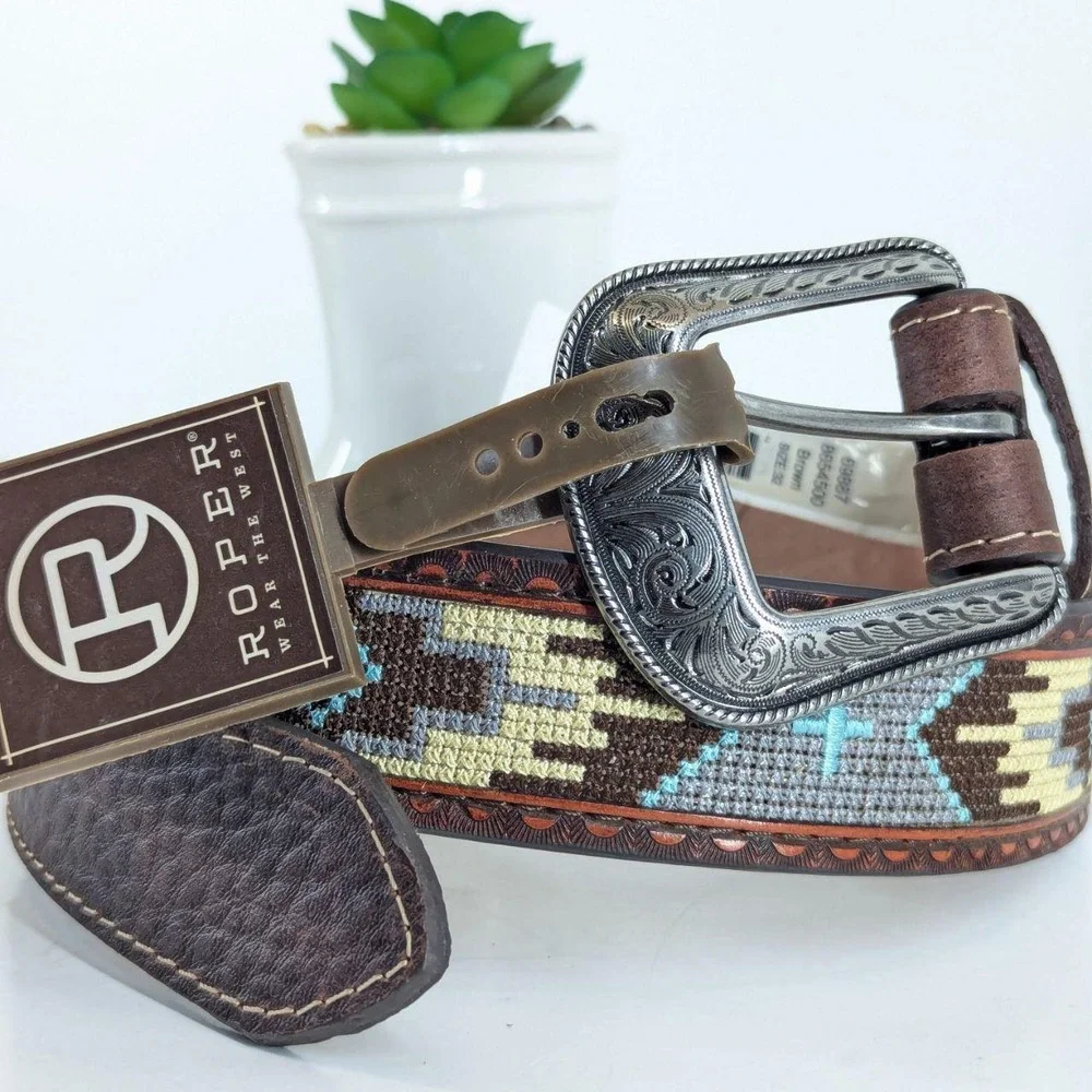 Roper Men's Aztec Embroidered Belt with Buckle, Brown, Size 32